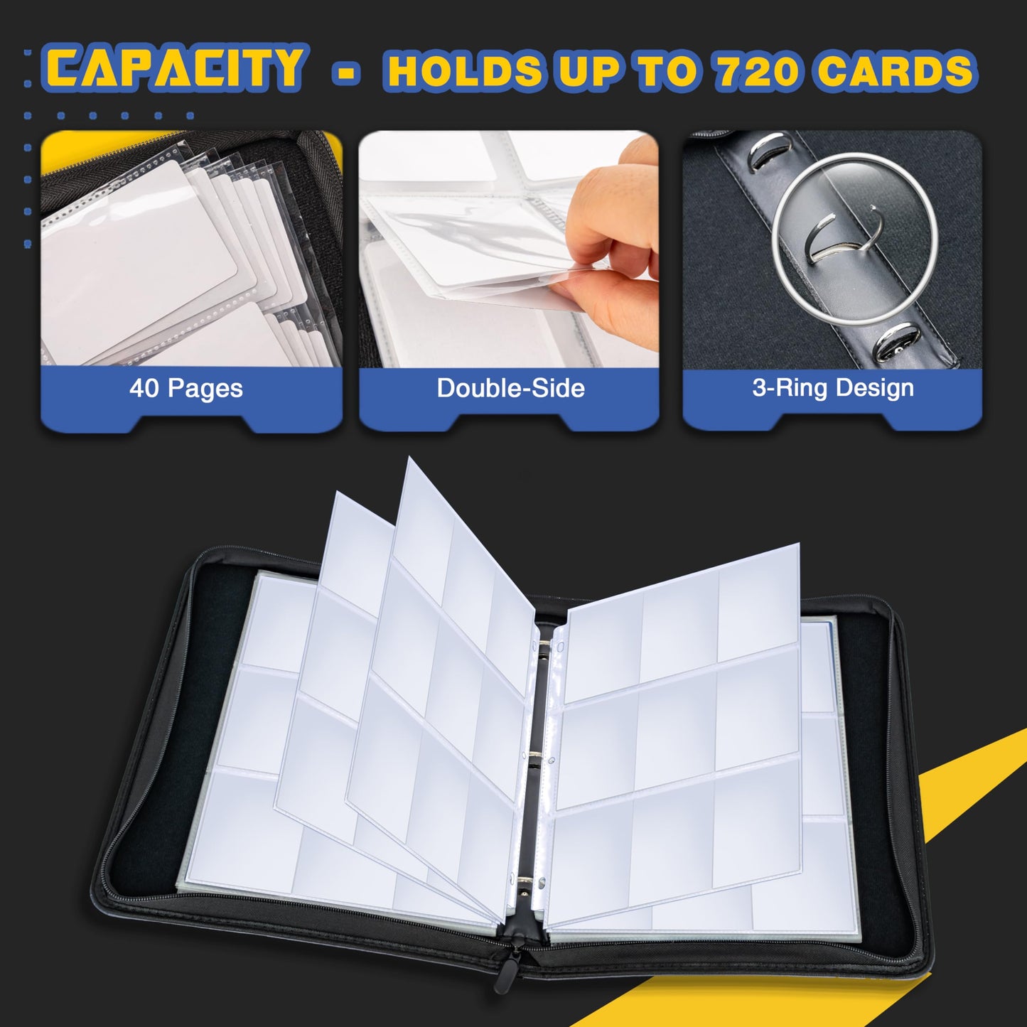 Clovercat 9 Pocket Waterproof Trading Card Binder, Trading Album Display Holder, Expandable, 720 Double Sided Pocket Album, Comp