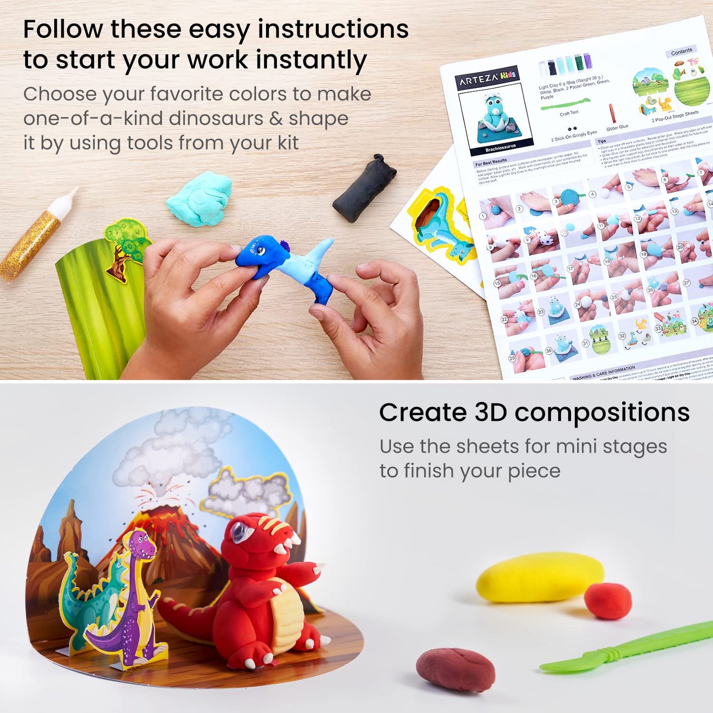 ARTEZA Kids Air Dry Clay, 42 Bars, Dinosaur Modeling Clay Kit, 14 Mini-Stages, 14 Googly Eyes, 3 Glitter Glues, 1 Craft Tool, 7