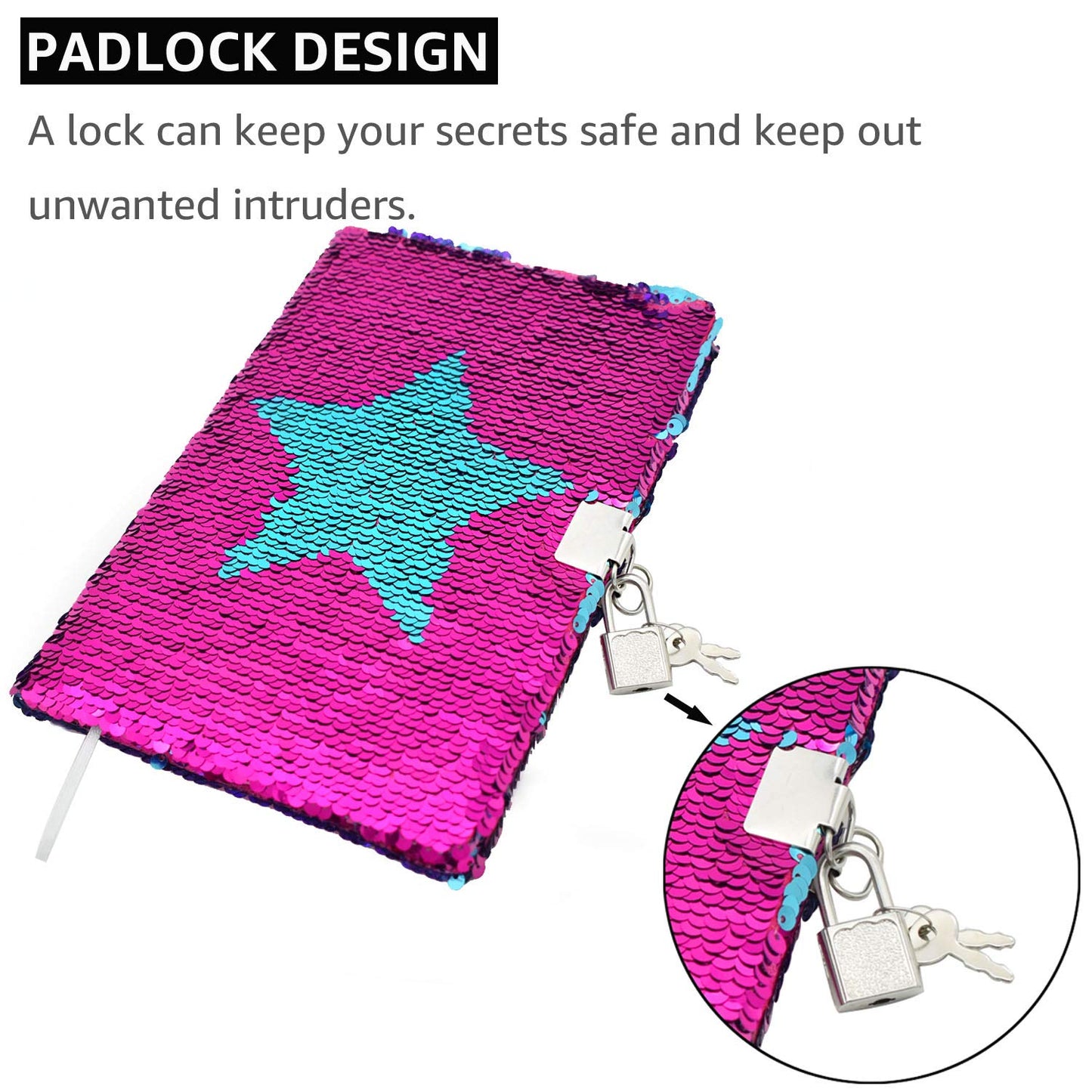 Vipbuy Magic Reversible Sequin Notebook Diary Lined Travel Journal With Lock And Key For Kids Girls, Size A5 (8.5” X 5.5”), 78 Sheets (Star)