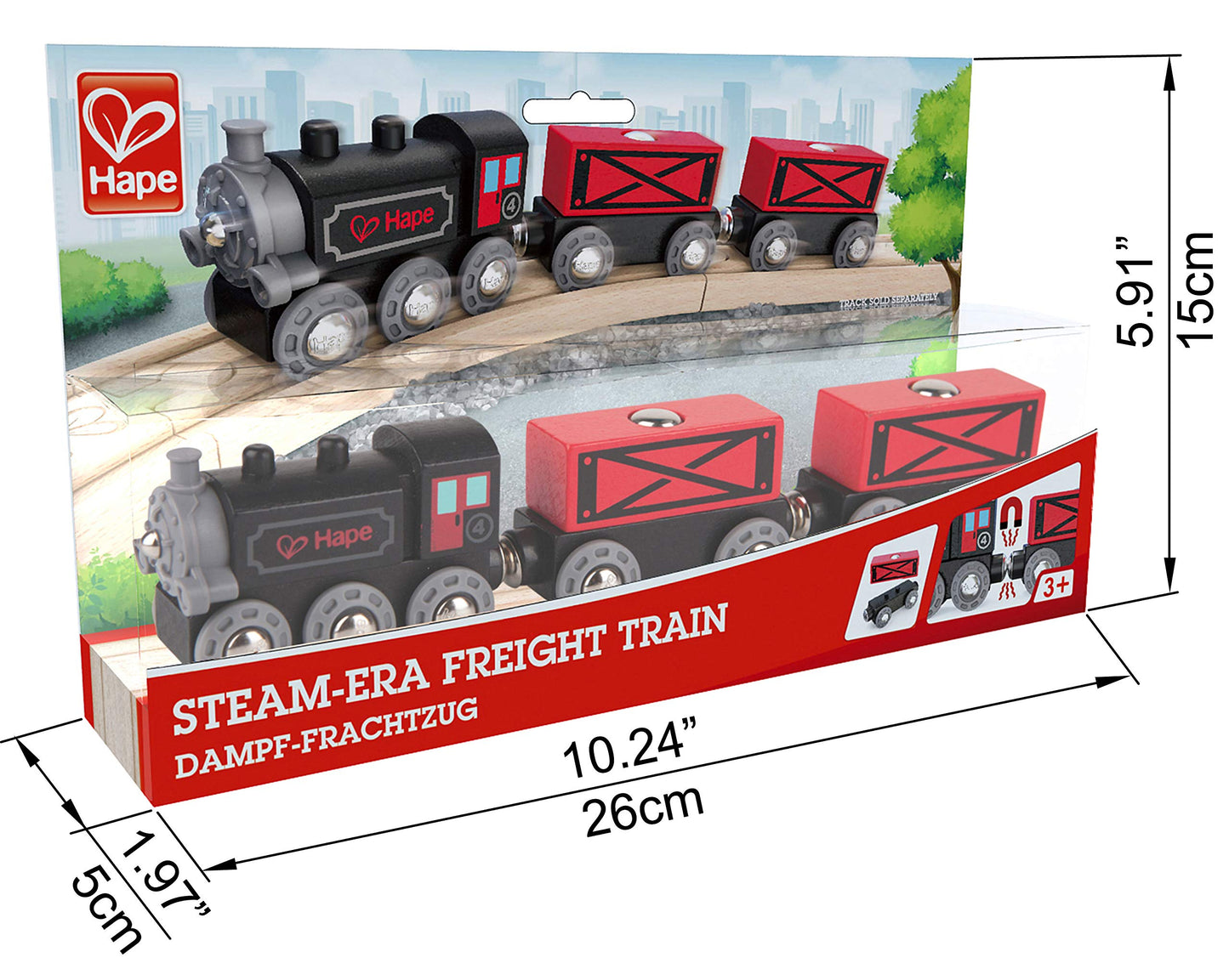 Hape Steam-Era Freight Train | Classic Black & Red Childrens Locomotive Toy with Unloadable Freight Wagons