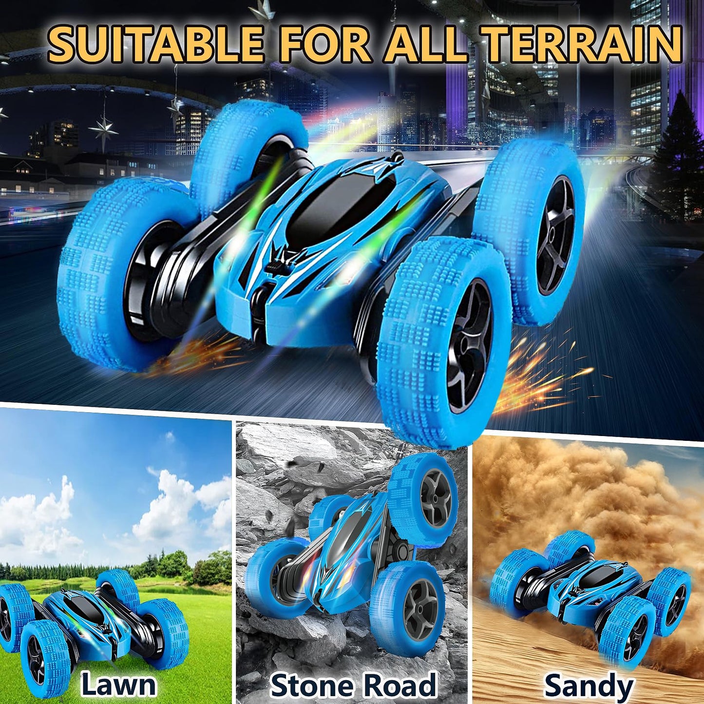 FREE TO FLY Remote Control Car: TPUCARG Double Sided 360Rotating RC Cars with Headlights Rechargeable Race Stunt Toy Car Christm