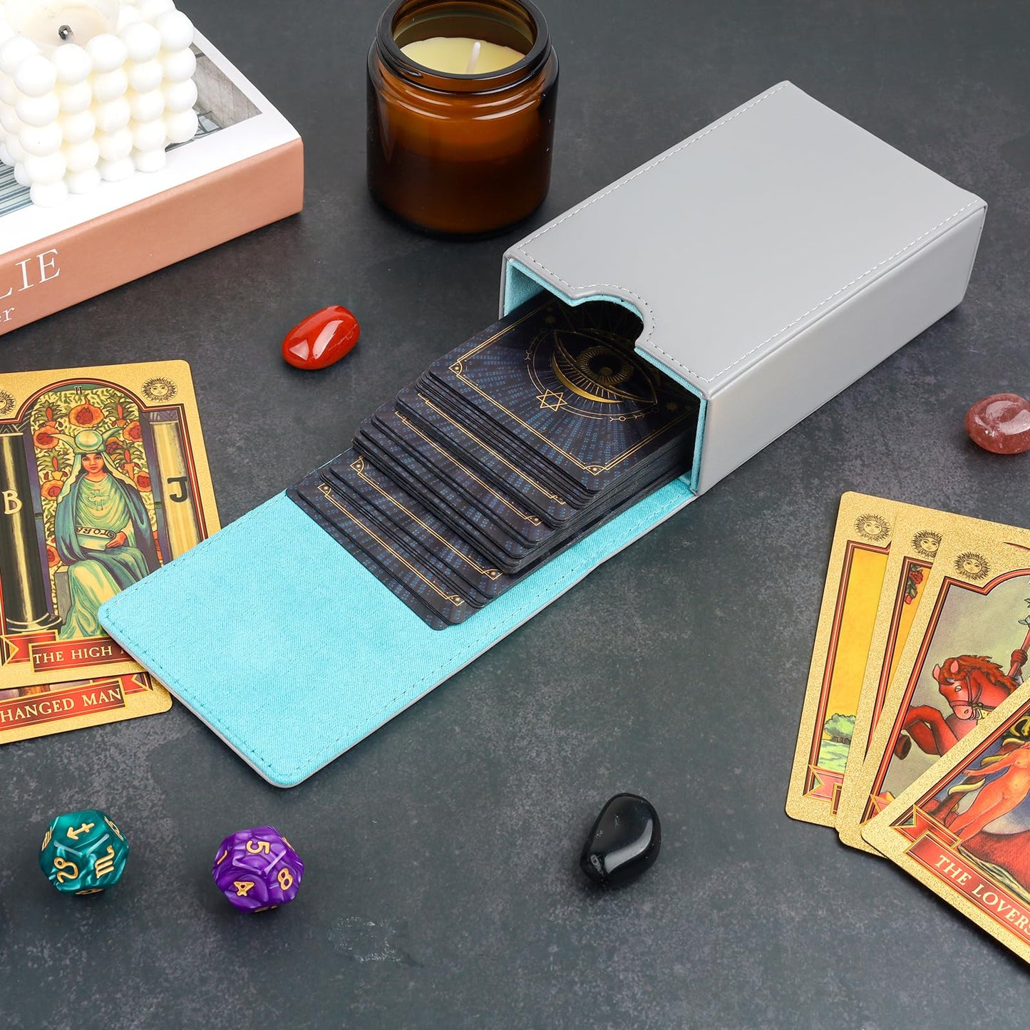 Buweeo Tarot Card Case/Holder, Single Deck Pu Leather Card Holder For Most Standard Size Tarot Cards Or Playing Cards, Grey And