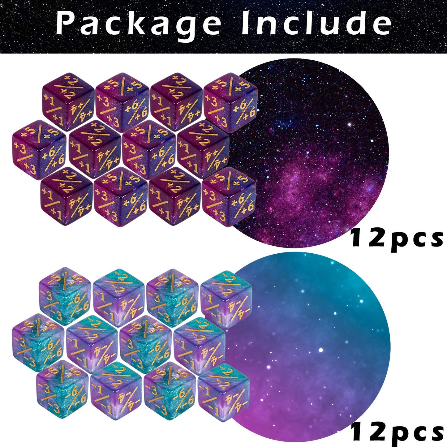 24 Pieces MTG Dice Counters Magic The Gathering Counter Status Tokens Starry Sky D6 Dice Set for MTG Cards Game Night Accessories(Turquoise&Lilac  Navy&Purple)