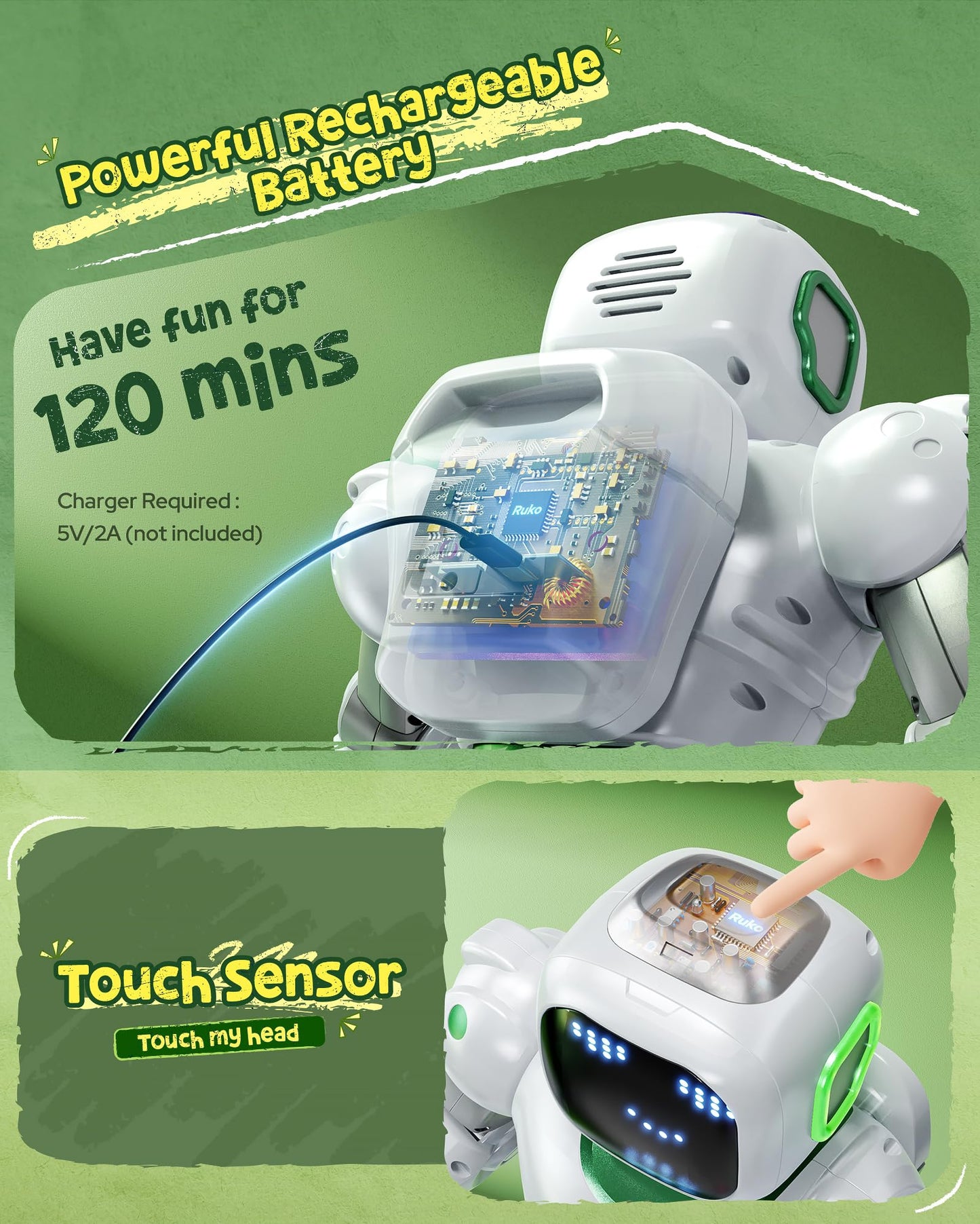 Ruko 1088 Large Robot Toy for Kids, Voice & App Control, Green, 15.8x11x4.7 inch, Programmable Interactive Gift for Ages 4-9
