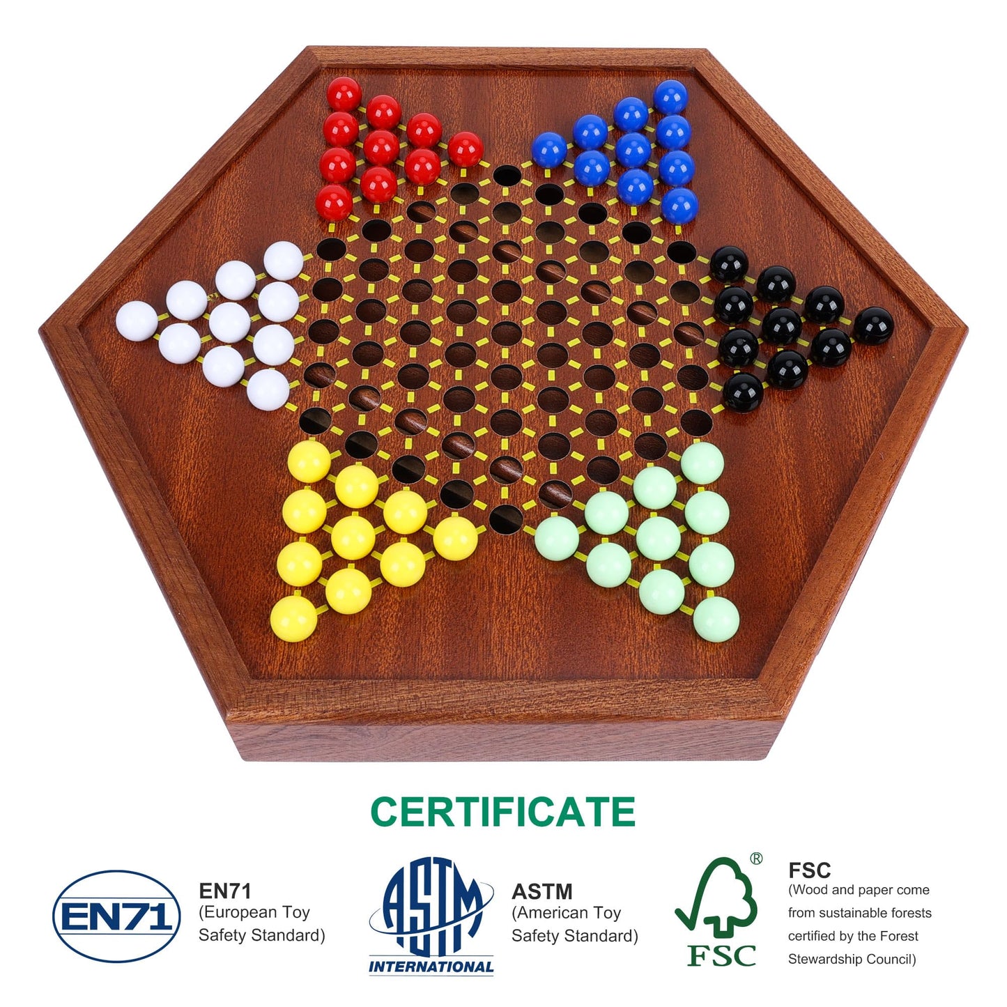Offelec Wooden Chinese Checkers Set, 13" Game Board with Storage Drawer, 60+12 Glass Marbles in 6 Colors, Family Fun Game
