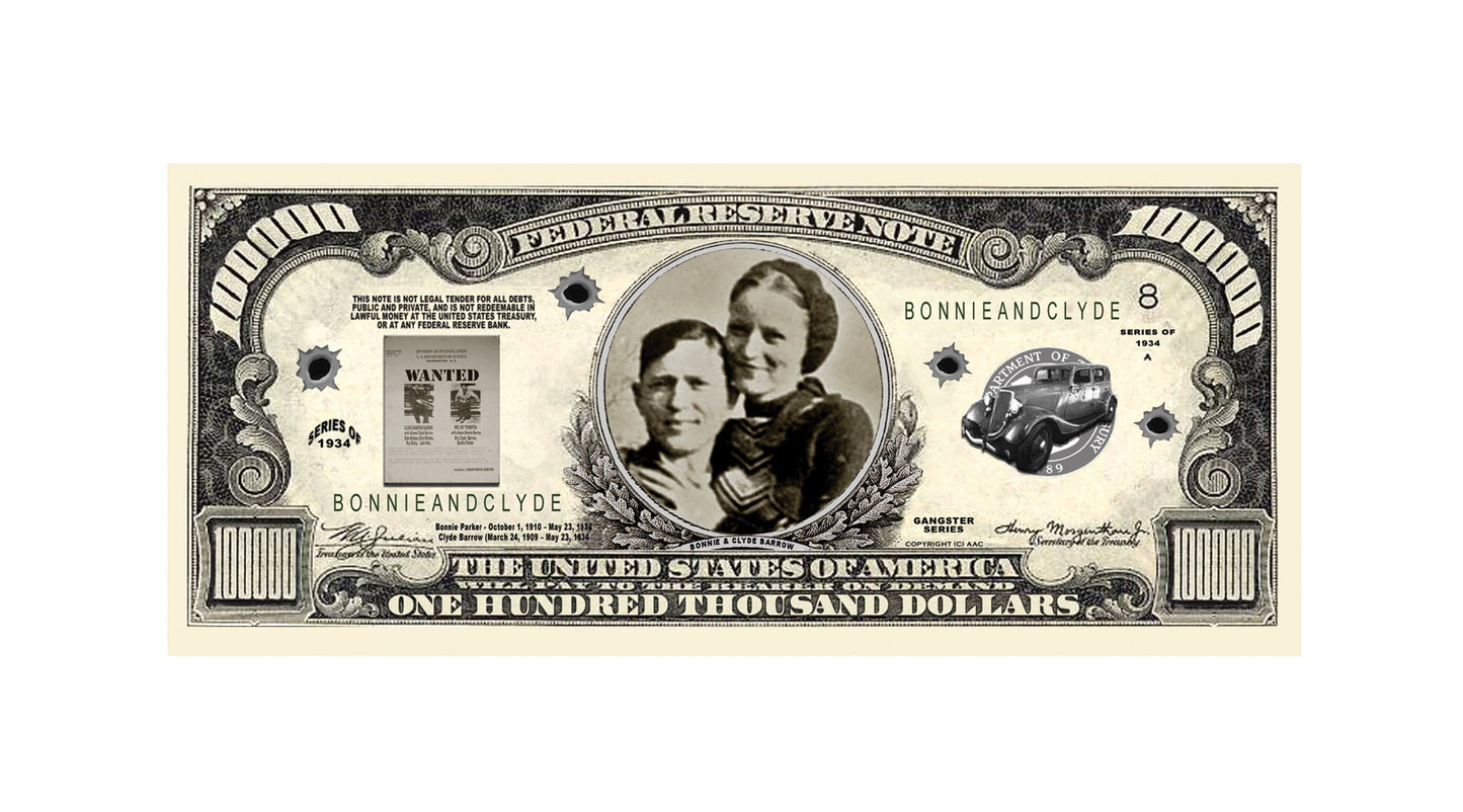American Art Classics Bonnie & Clyde $100,000.00 Bill - Comes In Currency Bill Protector - Great Gift For Fans Of Bonnie And Clyde