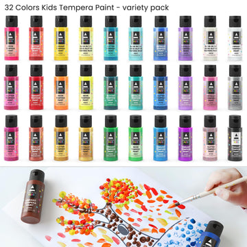 ARTEZA 32 Tempera Paint, 2.03oz/60ml Bottles, Washable Tempera Paint for Kids, Includes Neon, Glitter & Glow-in-The-Dark