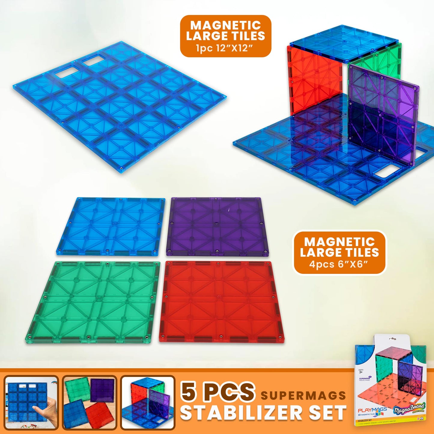 Playmags Super Durable Building Stabilizer Set, Works with All Magnet Tiles, Multicolor, Model 172, Fits 1-12"x12" & 4-6"x6"