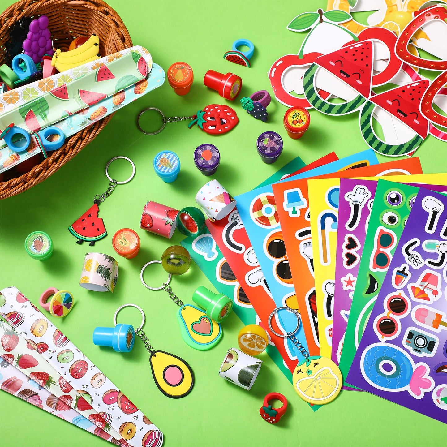 Blosssound 96 Pcs Fruit Party Favors Summer Fruits Theme Birthday Gifts Set Make a Fruit Sticker Stress Ball Slap Bracelet Glass