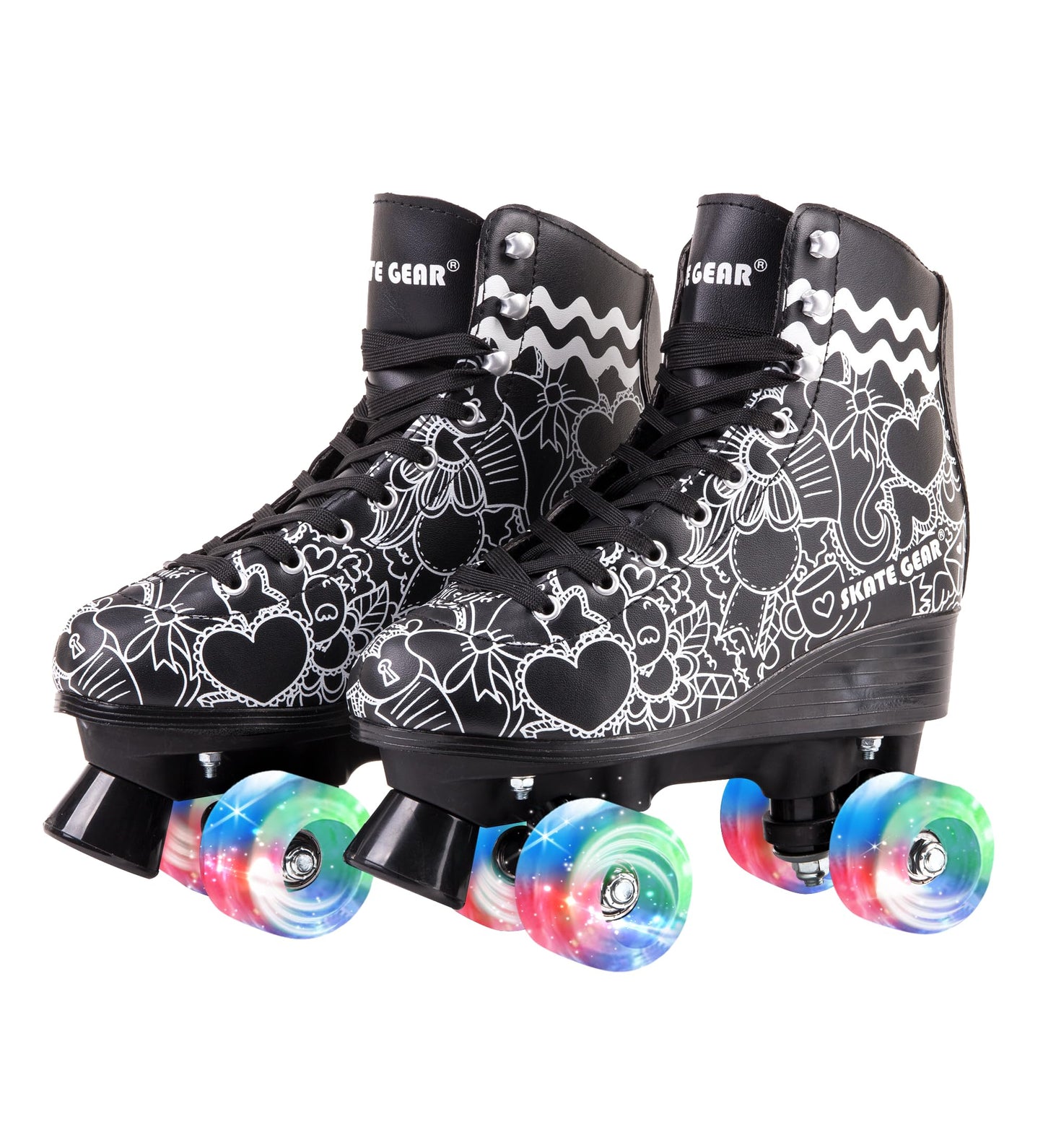 Skate Gear Extra Support Quad Roller Skates For Kids And Adults (Graphic Black W Led, Youth 2)