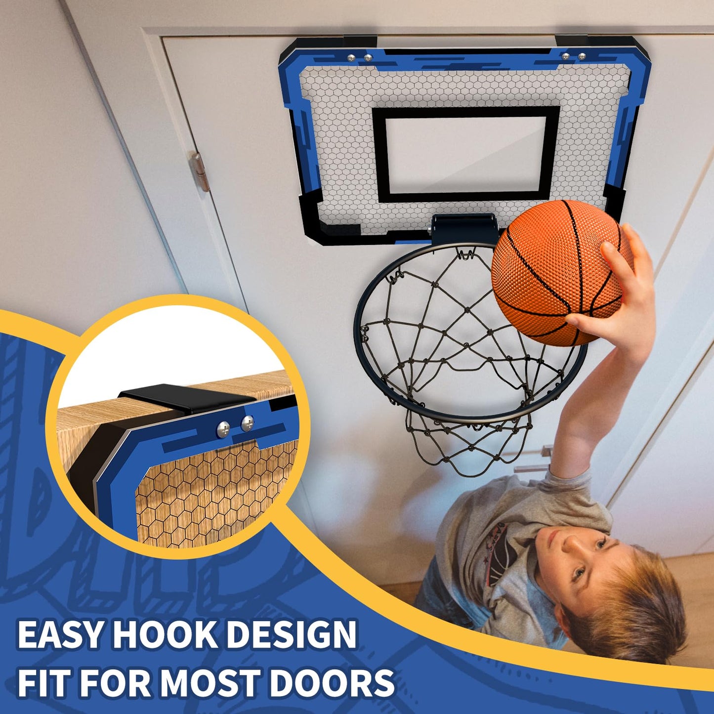 QDRAGON Mini Basketball Hoop - Over The Door Indoor Set with 3 Balls, Inflator, Breakaway Rim - Blue Basketball Toy for Kids & Adults