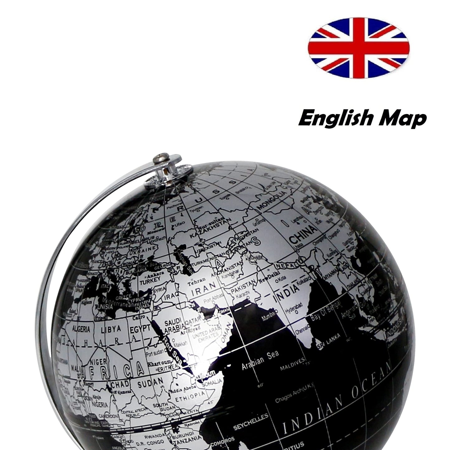 Exerz World Globe Black Dia 5.5-Inch - Mini Educational Globe Of Earth - Metal Base - Metallic Black