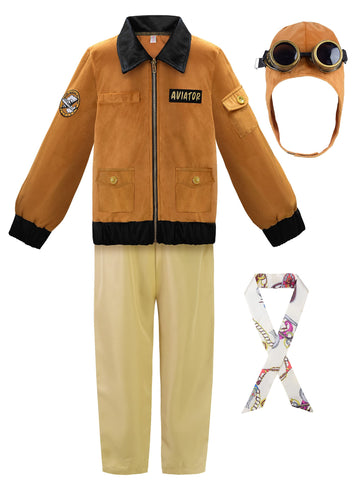 Relibeauty Earhart Historical Costume Kids Aviator Costume For Girls With Hats, Glasses And Scarves,Yellow 120