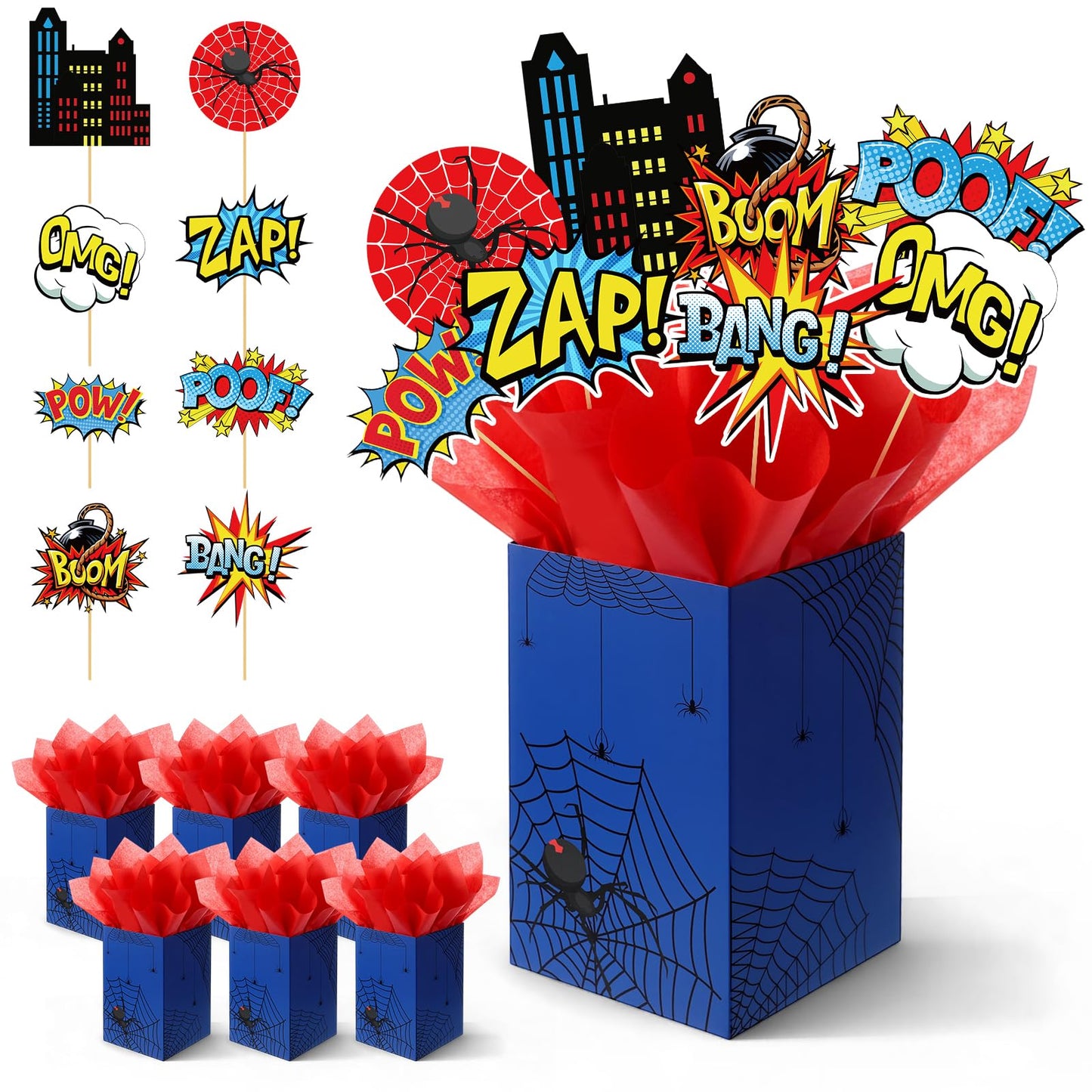MotiMind 6 Sets 74 Pcs Spider Party Centerpieces Spider themed Party Decorations Table Toppers with Box Circus Sound Effect Cuto
