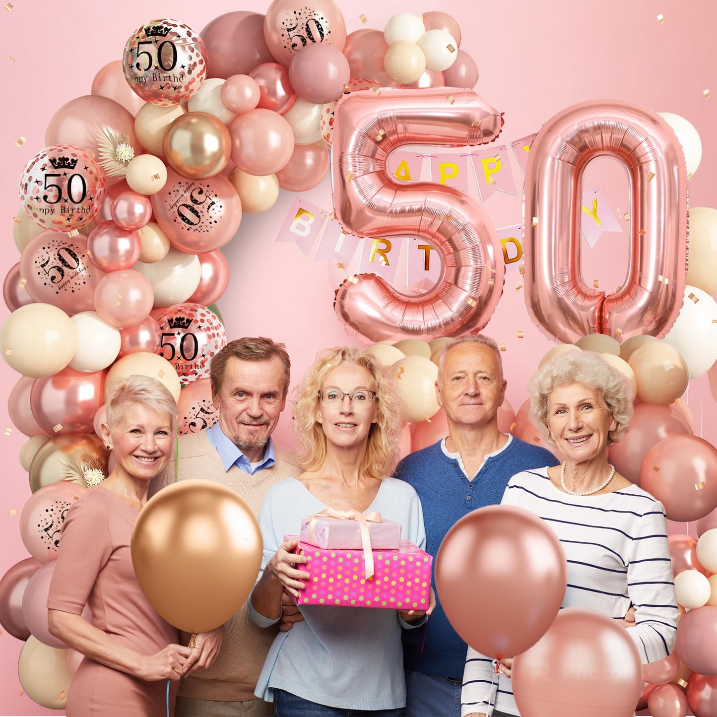 Dagelar Rose Gold 50th Birthday Decorations Kit - Balloon Arch, Number 50 Foil Balloons & Banner for Women’s 50th Party Celebration