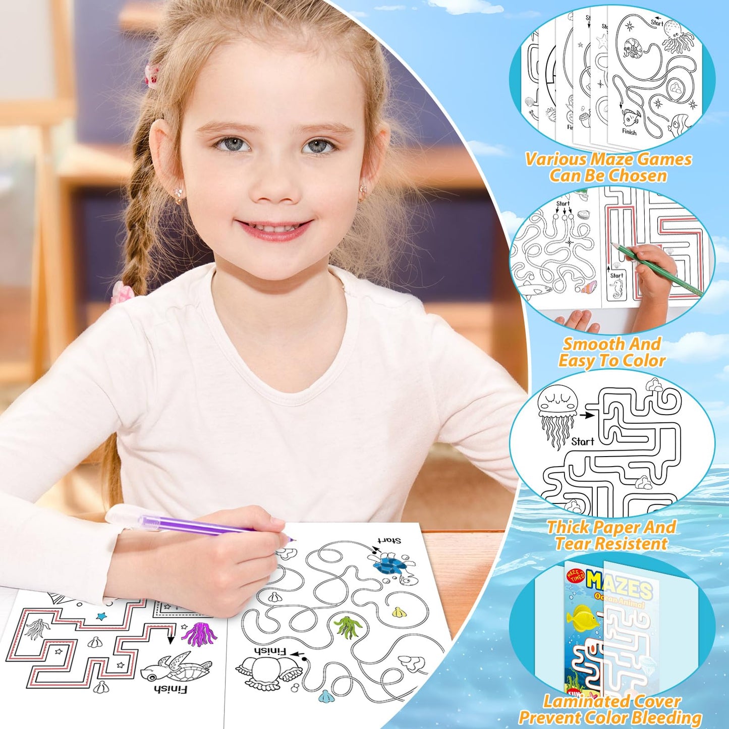 Wiooffen 168 Pages Under The Sea Maze Books For Kids Ages 3-8, 6-Pack- 6 Beginner Level Kids Activity Books Busy Books Ocean Ani