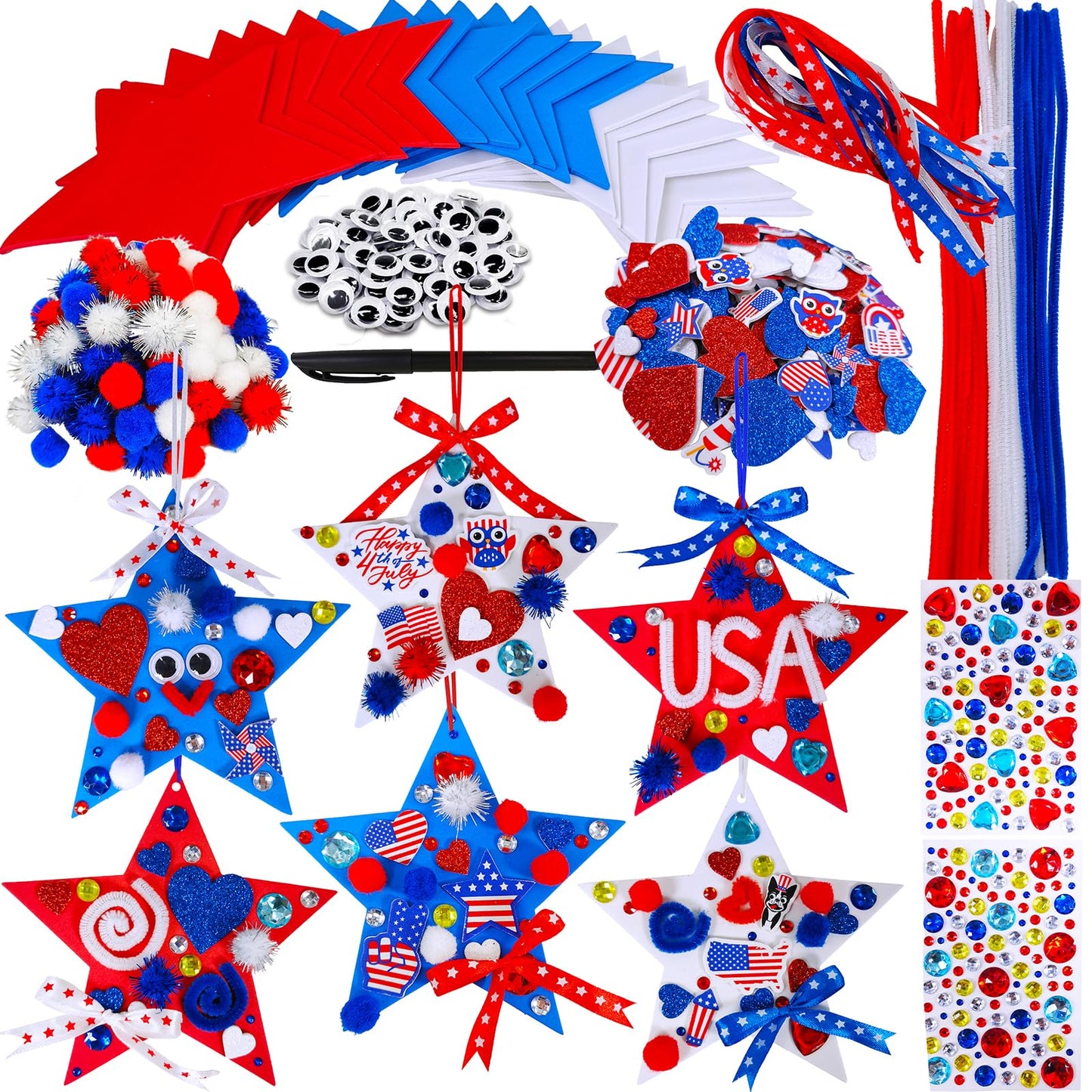 Winlyn 18 Sets 4th of July Craft Kits Patriotic Kids Crafts DIY Patriotic Star Ornaments Decorations Art Sets Red White Blue Sta