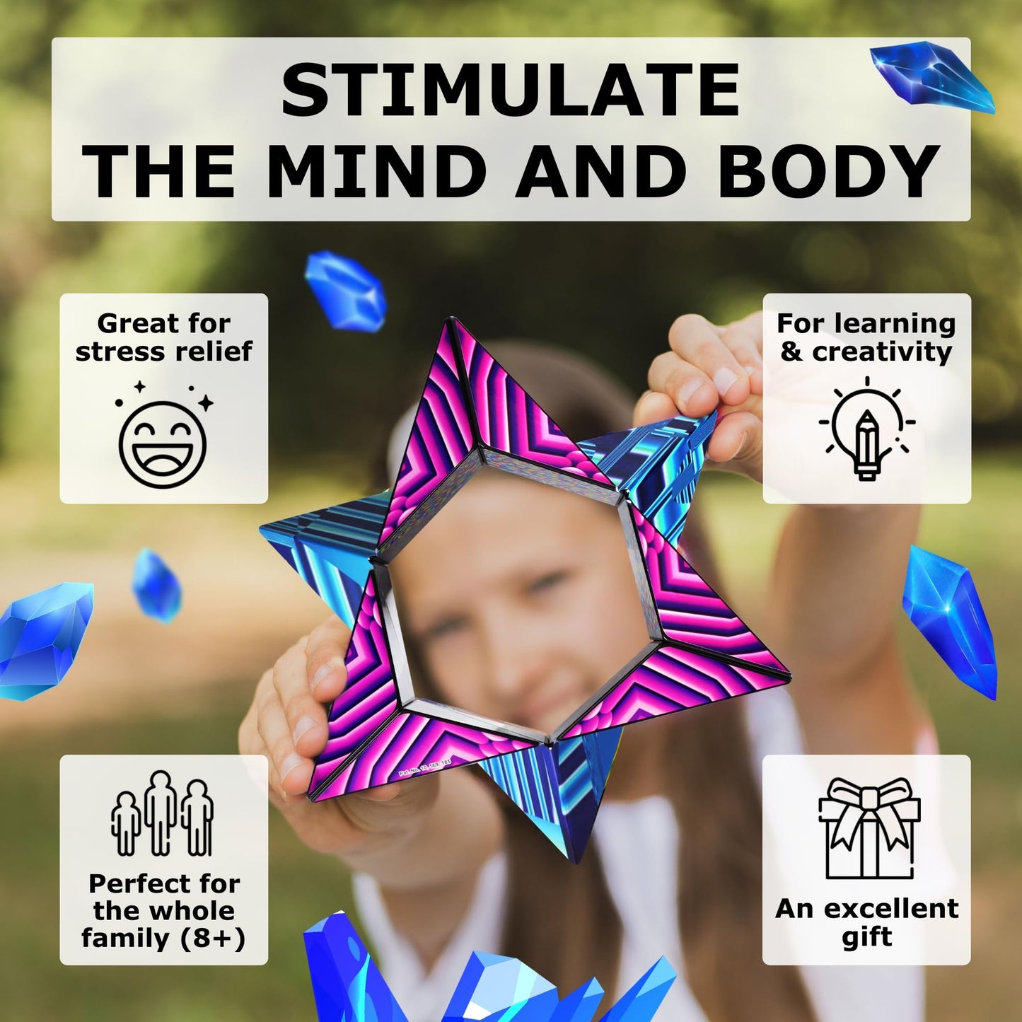 SHASHIBO Shape Shifting Box - STEM Magnetic Fidget Cube That Transforms Into Over 70 Shapes  Download Fun in Motion Toys Mobile App (Blue Crystal)