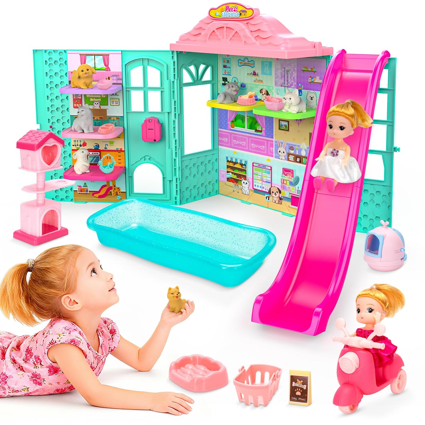 Foldable Pets Dollhouse Toy Play Set, Doll House of Pets with 31+ Accessories Includes Dolls, Motor, Pool, Little Pets, Slide an