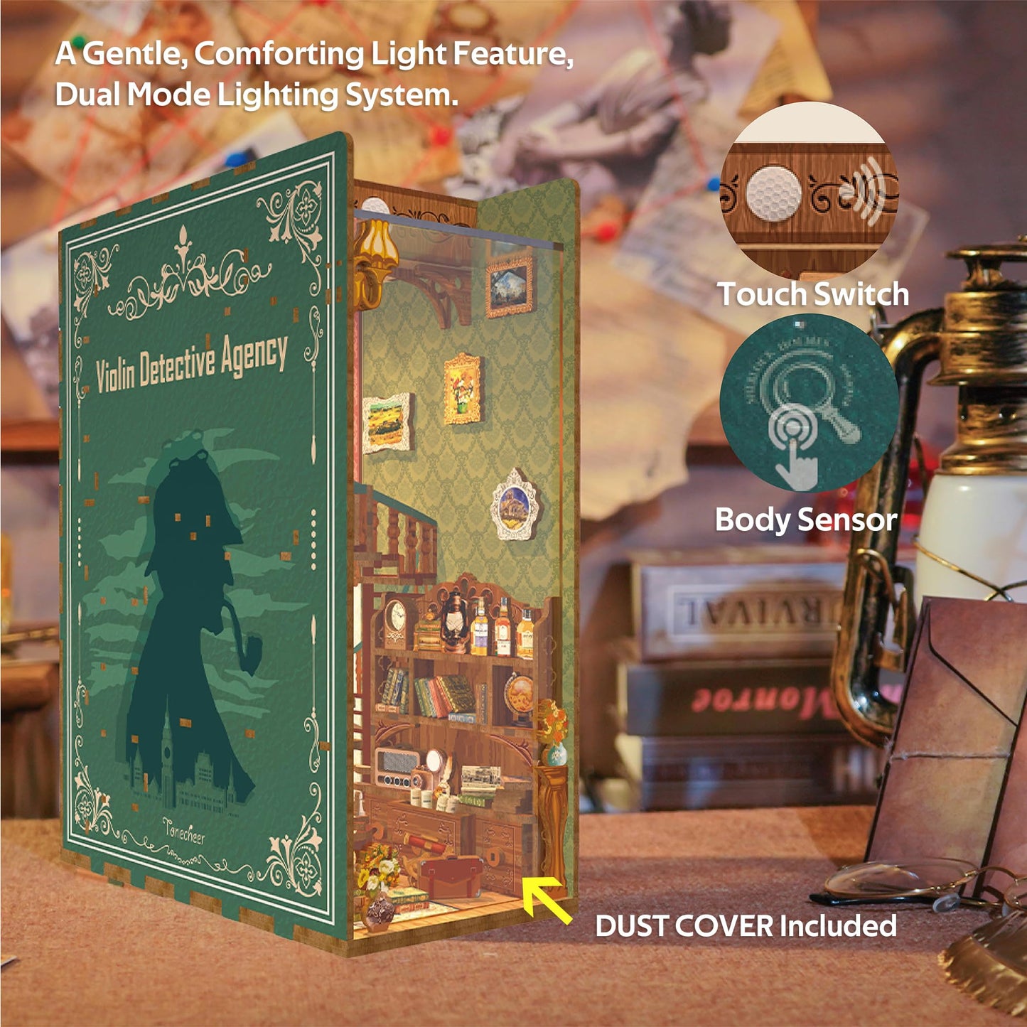 Tonecheer Diy Book Nook Kit For Adults, Wooden 3D Puzzle Bookend Bookshelf Insert Decor, Detective Booknook Miniature House Kit