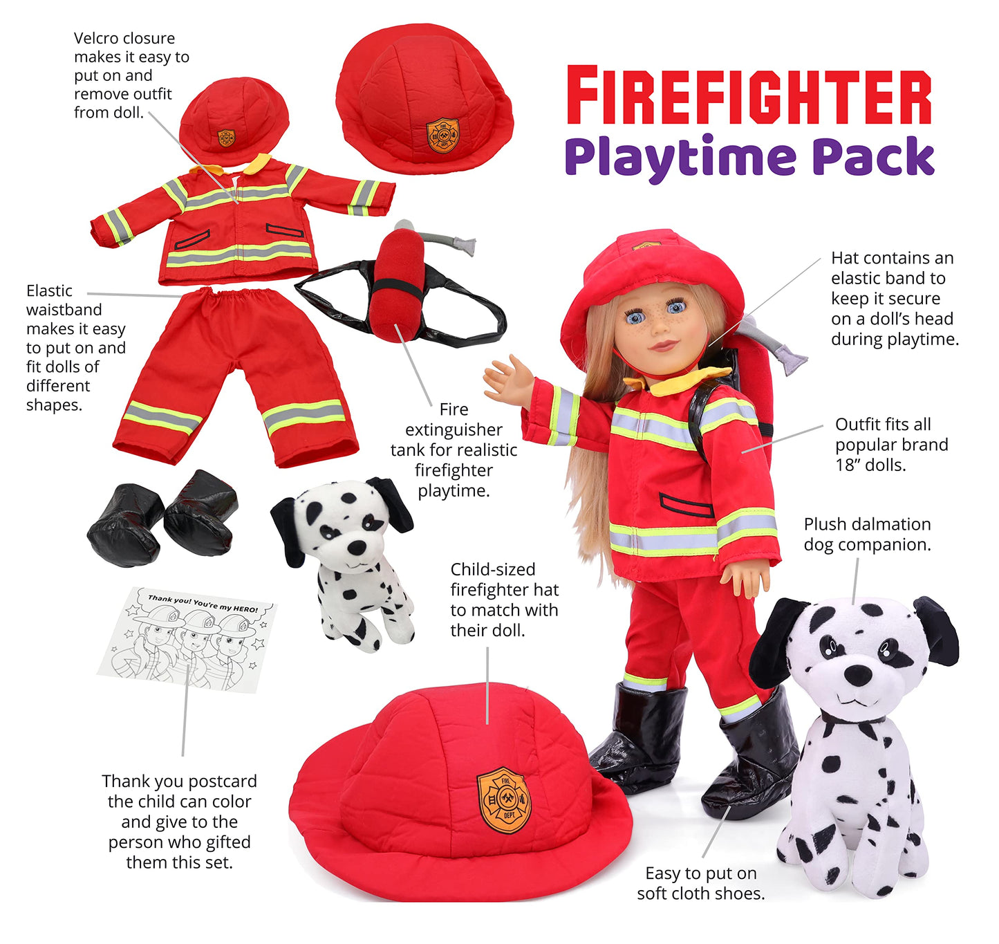 Playtime By Eimmie 18 Inch Doll Clothes - Firefighter Outfit, Matching Hat & Pet Dog Accessories Set - Outfits Fit American, Gen