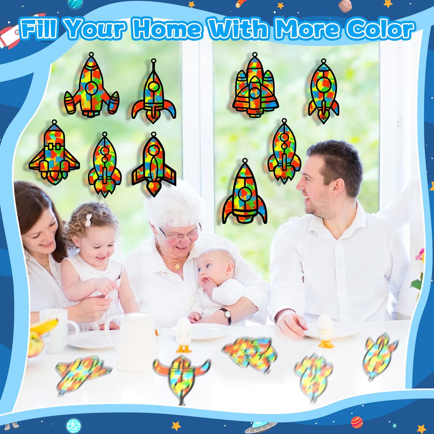 QOUBAI 32 Sets Outer Space Rocket Suncatchers Craft Kit, Colorful Paper Crafts for Home Decor, Classroom, Kids' Birthday Gifts, QB1080