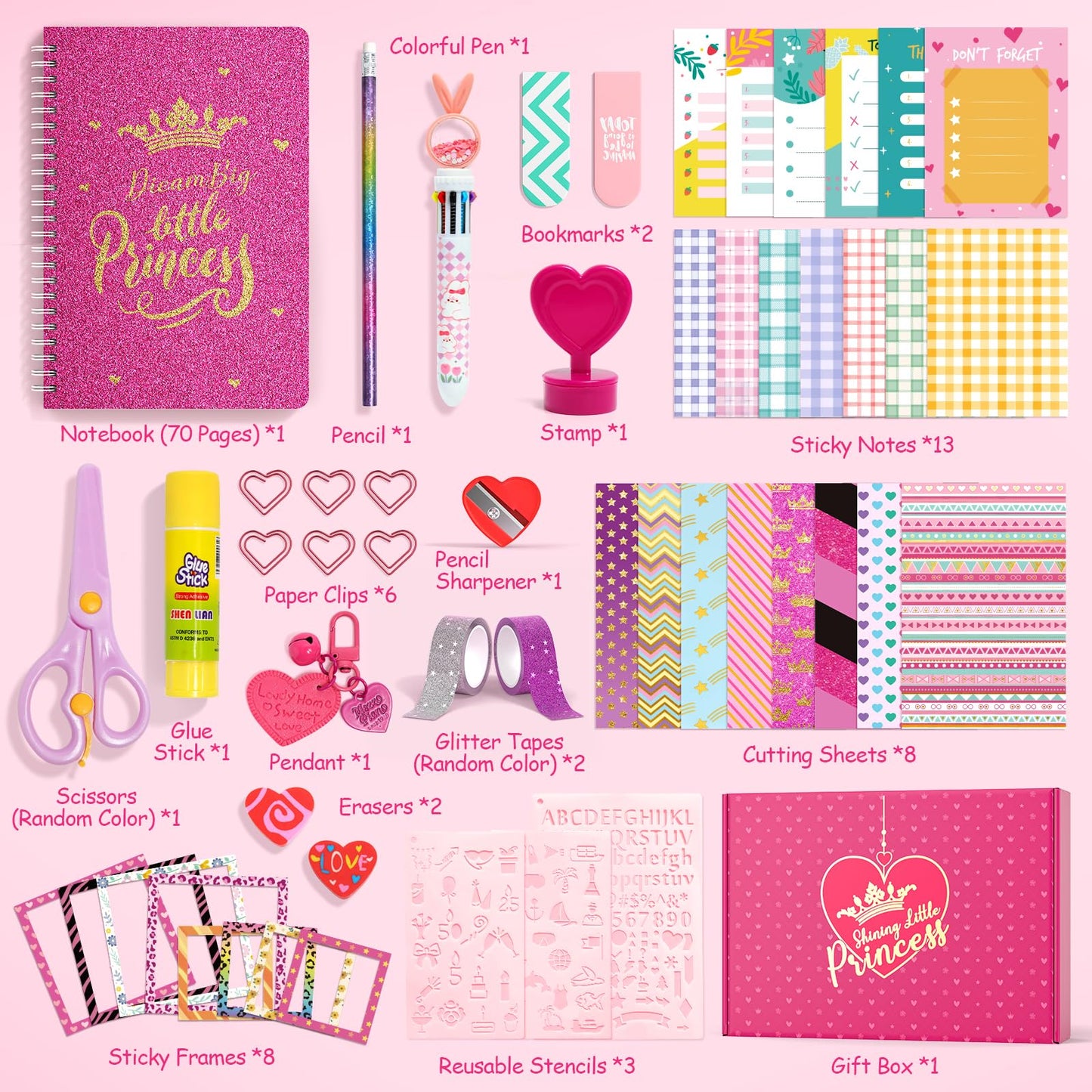 Adusriz Princess Diy Journal Kit For Girls 8-12, 50+Pcs Gifts For Tween & Teen Girls, Scrapbook & Diary Supplies Set, Journaling