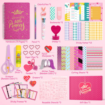 Adusriz Princess Diy Journal Kit For Girls 8-12, 50+Pcs Gifts For Tween & Teen Girls, Scrapbook & Diary Supplies Set, Journaling