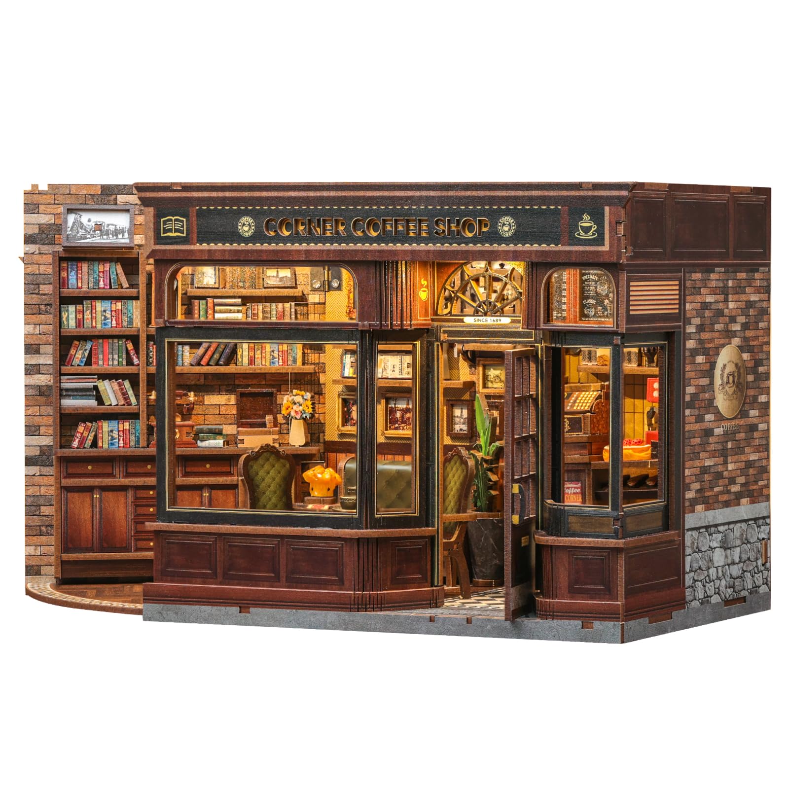 Fsolis Book Nook Kit - DIY Scene Miniature Kit  3D Wooden Puzzles for mature-themeds  294 Pieces  Tiny House Booknook Craft Bookshelf Decor Mini Scale Model  Gifts for Women Puzzle Lovers (Corner Coffee Shop)
