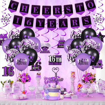 Purple 16Th Birthday Decorations For Girls Boys Purple Black 16Th Birthday Banner Hanging Swirls 16Th Birthday Balloons Happy 16Th Birthday Cake Topper For Purple Cheer To 16 Years Party Supplies