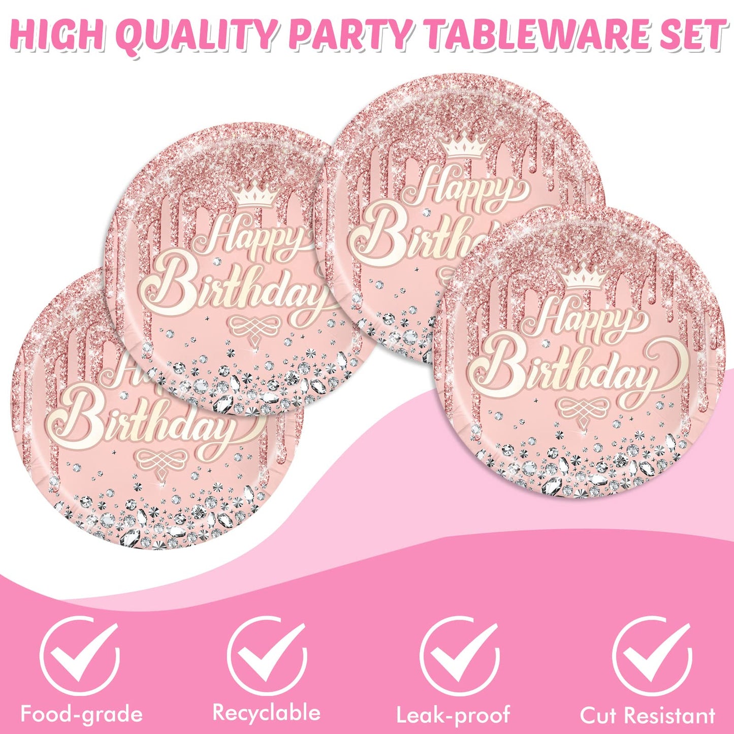 Rose Gold Birthday Decorations-20 Plates and 20 Napkins, Pink Rose Gold Theme Happy Birthday Party Decoration for Kids(Rose Gold