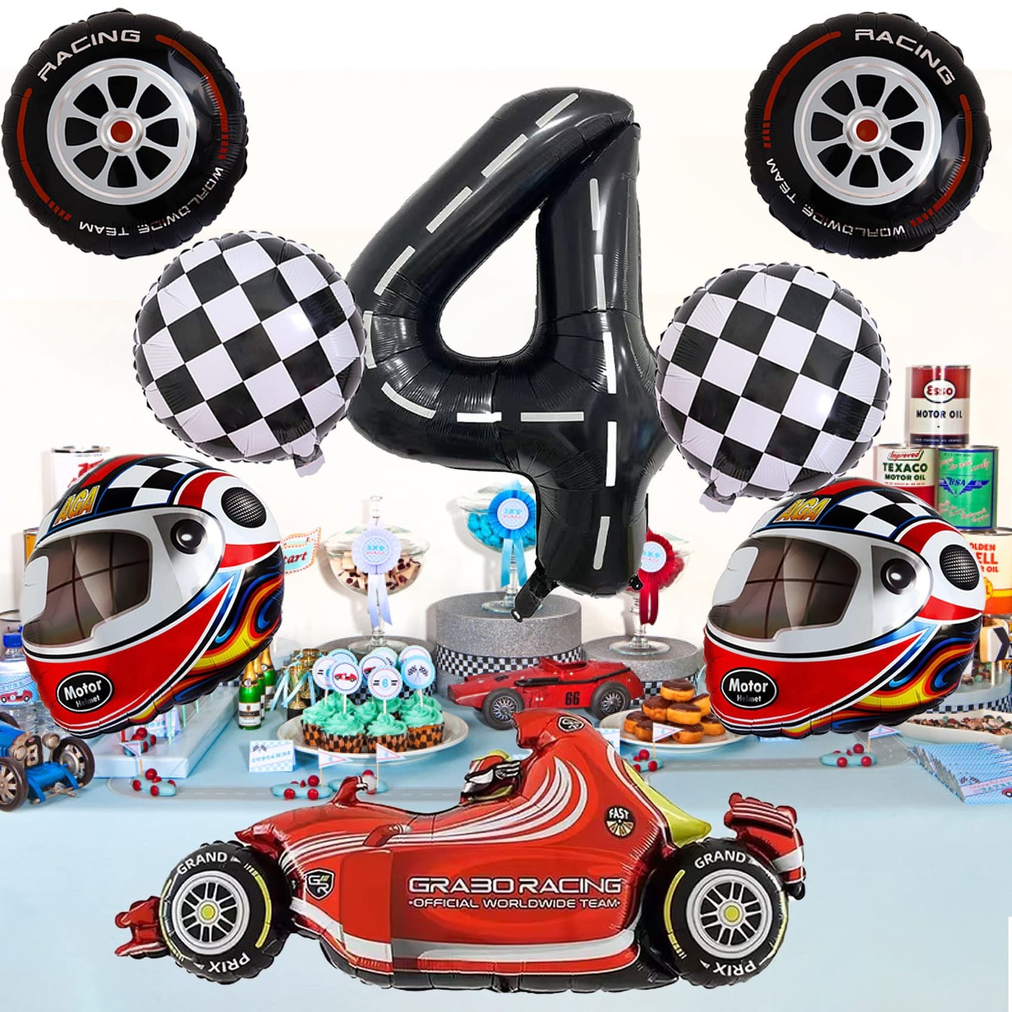Stcomart 8 Pcs Race Car Party Decorations, Black Number 4 Balloon Checkered Balloons Tire Balloons For Boys 4Th Birthday