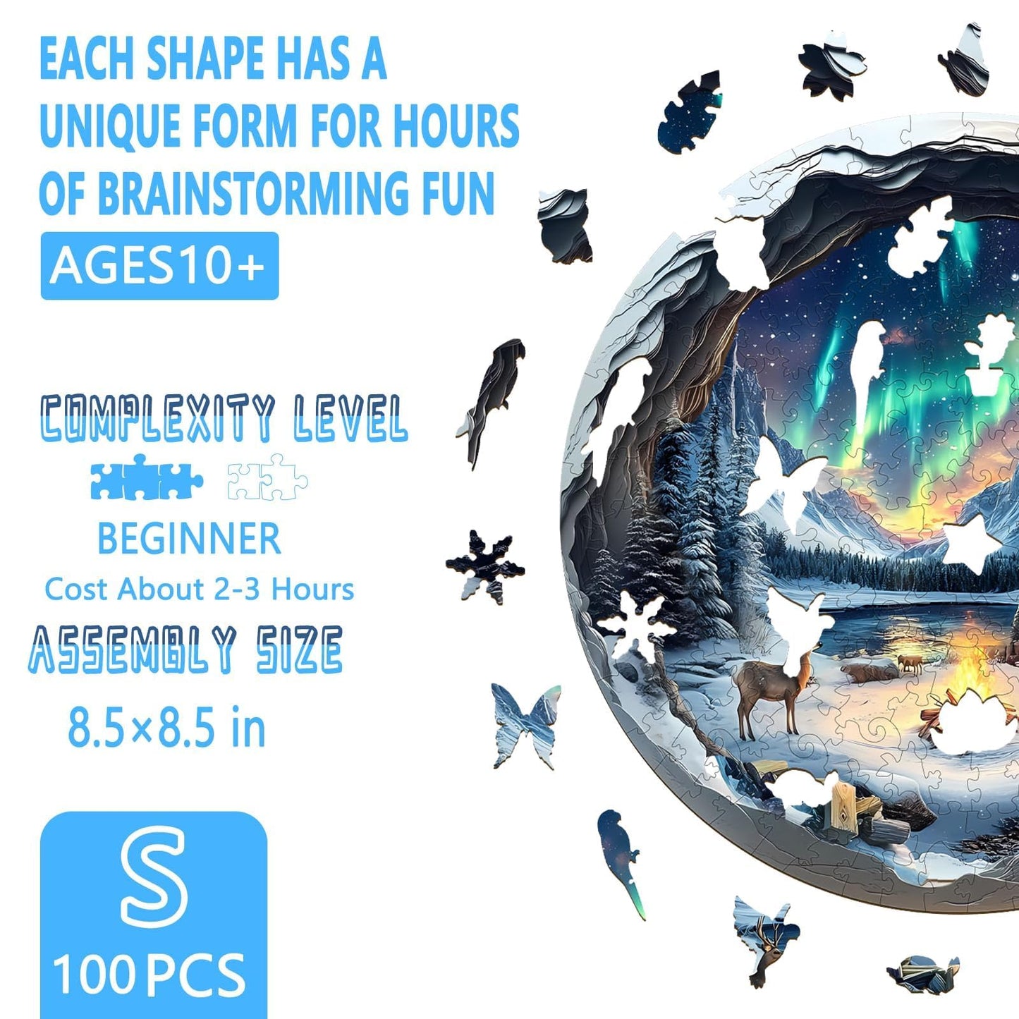 Wooden Puzzles for mature-themeds  Flat Puzzle with 3D Visual Effect  Aurora World Wooden Jigsaw Puzzles for mature-themeds 100 Pieces  Winter Wood Puzzles mature-themed  Unique Shape  Wall Art Canvas Puzzle (S-8.5 * 8.5in)