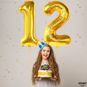 Katchon, Big Gold 12 Balloon Number - 40 Inch | 12 Number Balloons, 12Th Birthday Decorations Boy | Gold 12 Balloons For Golden Birthday Decorations For Girls 12 | Number 12 Balloons For Birthdays