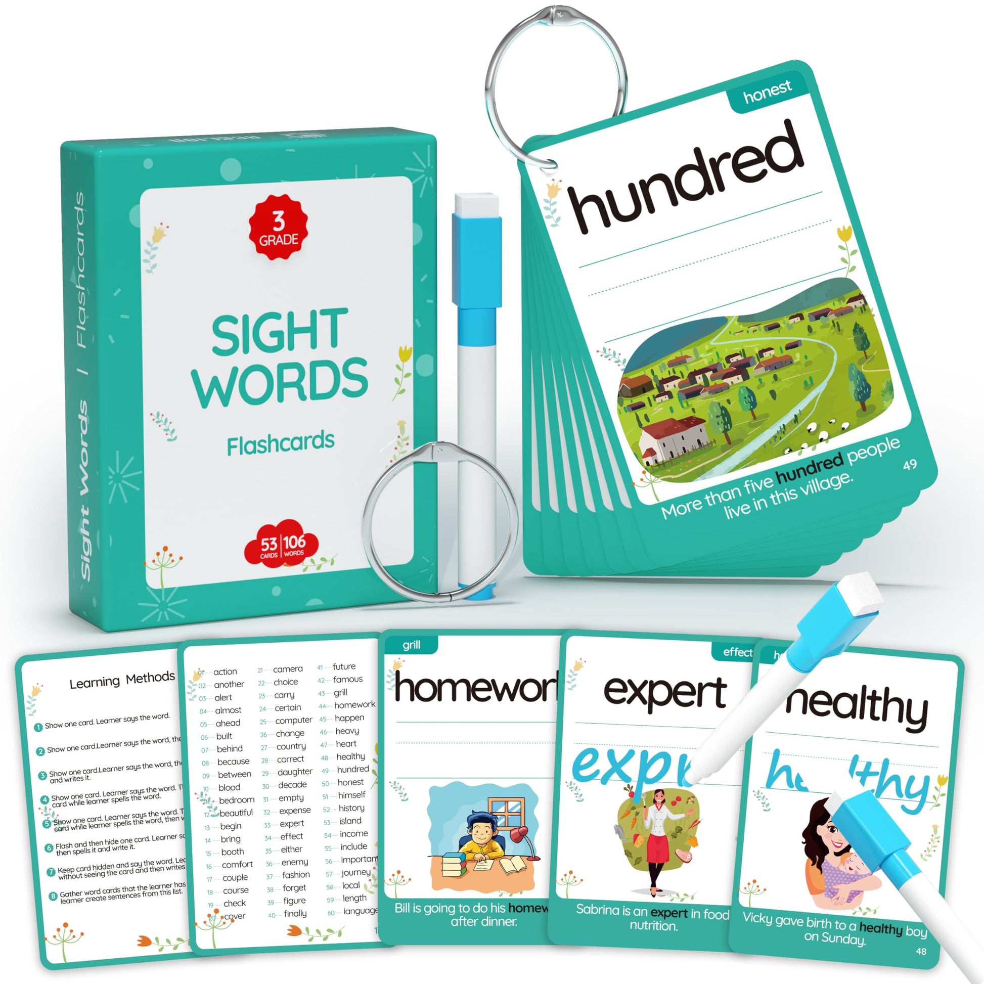 Wjpc 55Pcs Cards, 106Pictures High Frequency Sight Words Flash Cards 2Nd, 3Rd Grade (Third-Grade) For 7,8,9,10,11 Years Age Kids