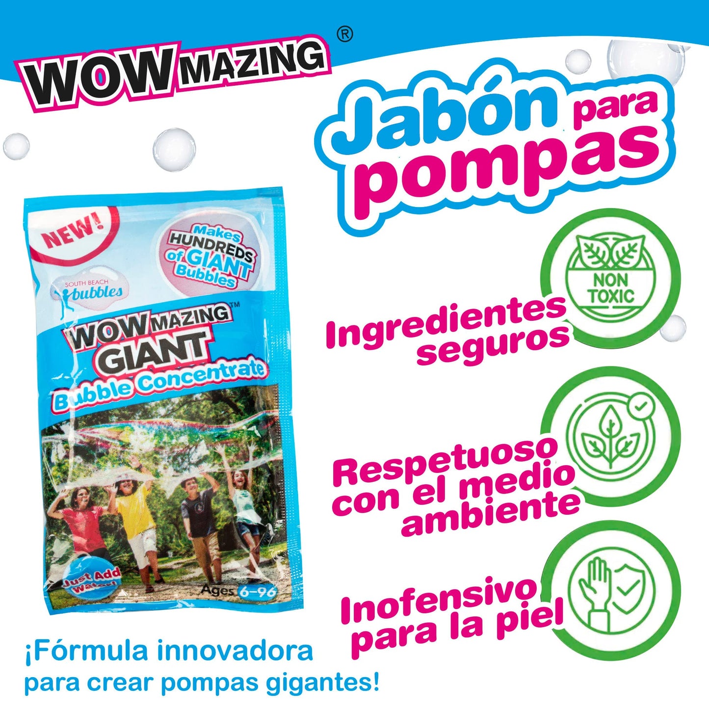 Wowmazing Giant Bubble Wands Kit: (4-Piece Set) | Incl. Wand, Big Bubble Concentrate And Tips & Trick Booklet | Outdoor Toy For
