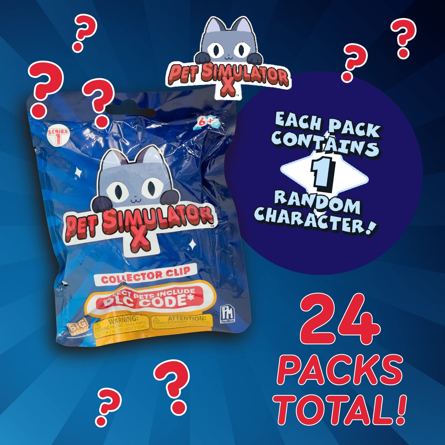 Pet Simulator X - Mystery Pet Minifigure Toys With Collector Clip - Blind Bags 24 Pack Box And Chance Of Dlc Code - Surprise Collectable