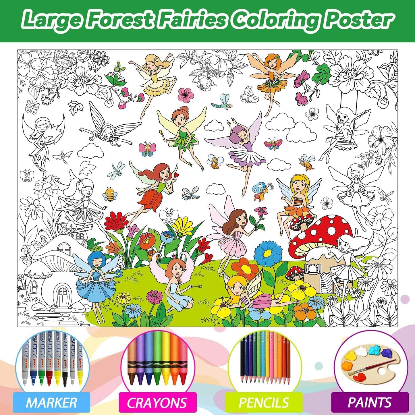Naozinebi Summer Fairy Garden Coloring Poster For Kids Giant Coloring Poster Large Fairy Party Flower Coloring Tablecloth Jumbo