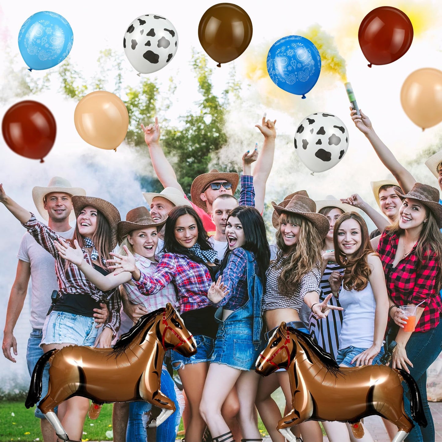 Hungdao 52 Pcs Western Party Horse Balloons Cowboy Decoration Kit Rodeo Farm Bandana Cowgirl Foil Latex Balloons Bulk For Baby Shower Birthday Arch Decor(Blue Brown Series)