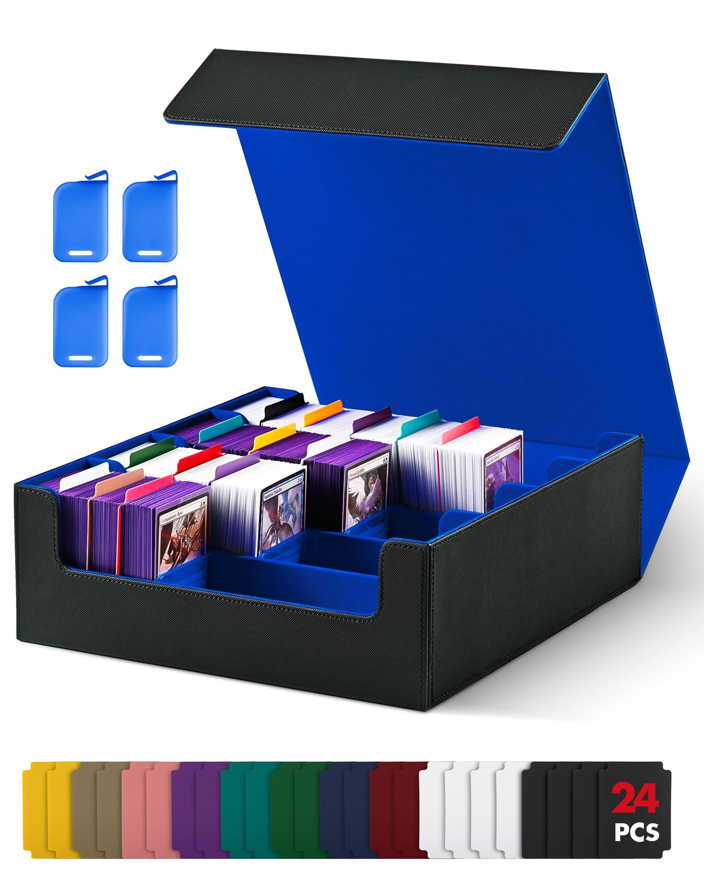 Uaono Card Storage Box For Trading Cards, 2400+ Mtg Commander Deck Box With 24Pcs Colorful Divider, Card Case Fits For Magic Tcg Ptcg Game Cards(Black&Blue)