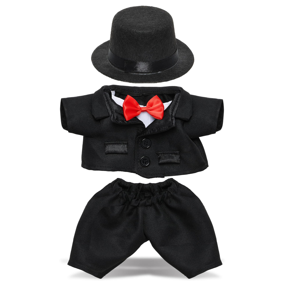 DolliBu Black Tuxedo Outfit for Stuffed Animal Dress Up Set  3Piece Animal Costume Suit with Red Bow Tie, Black Hat and Pants,