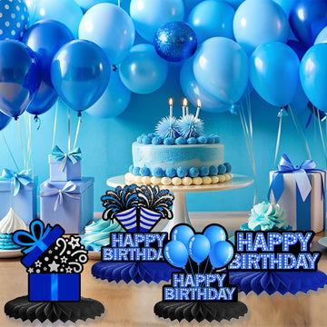 Happy Birthday Honeycomb Centerpieces 9Pcs Stylish Sophisticated Blue Neon Theme Table Decor for Men Women Boys Girls Birthday P