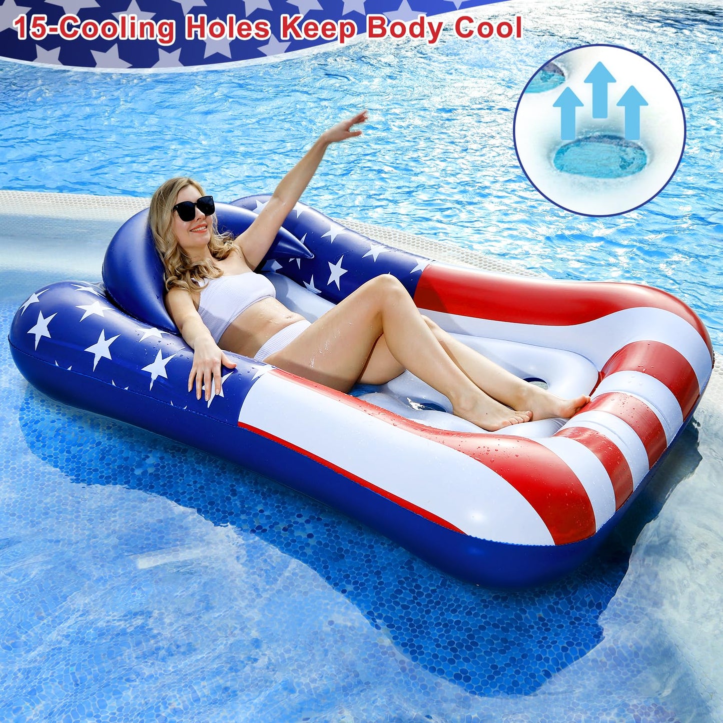 71x50 Large Tanning Pool Float with Headrest  Patriotic Inflatable Pool Floats mature-themed American Flag Giant Cooling Water Hck Tanning Pool Rafts Floatie for 4th of July Pool Party  Lake  Outdoor