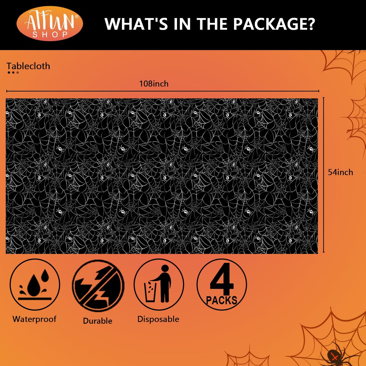 ATFUNSHOP Halloween Tablecloth Plastic 4PACKS 54 X 108 Rectangular Black Spider Web Disposable Table Cover Waterproof Spillproof