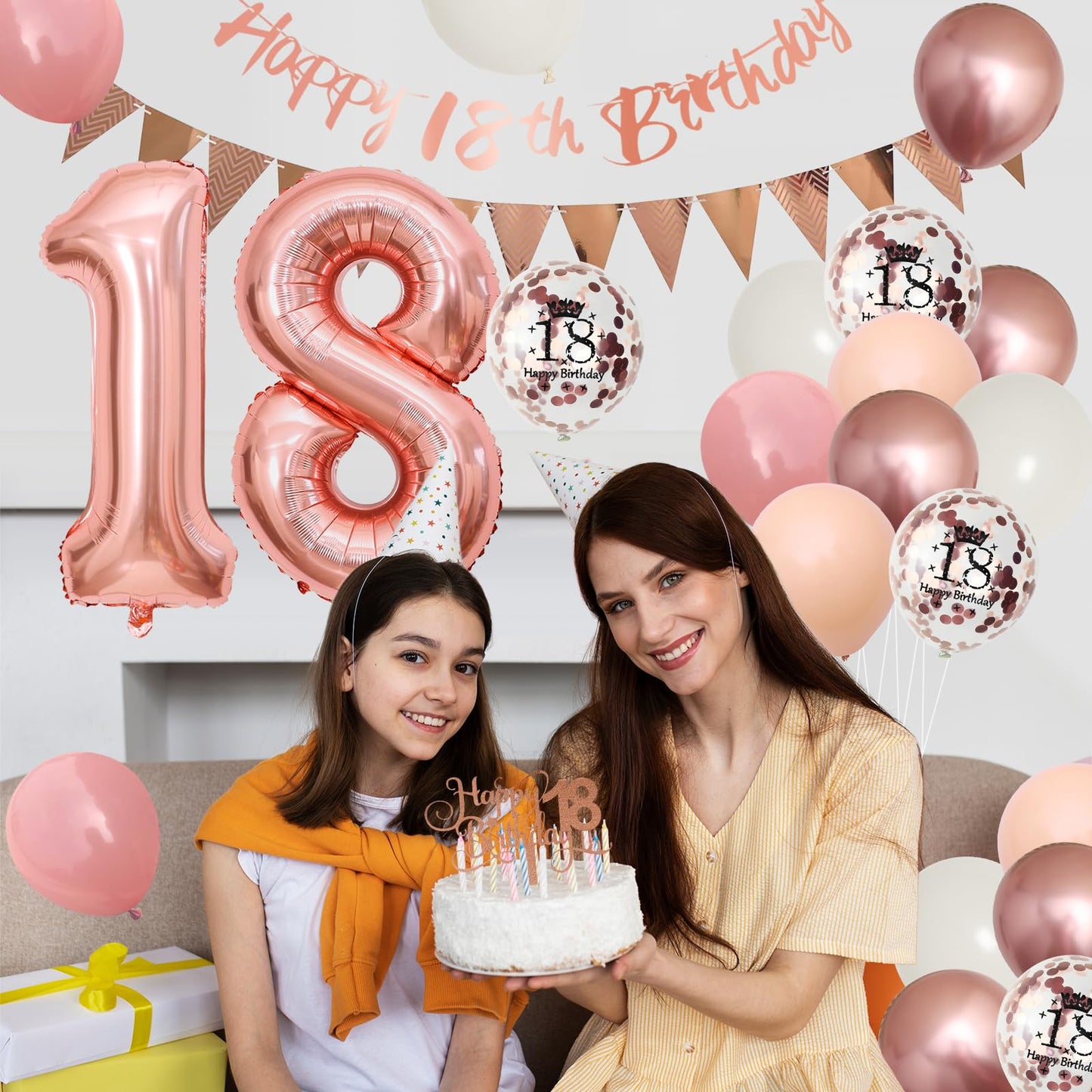 18Th Birthday Decorations Retro Pink Rose Gold,18Th Birthday Balloons,Happy 18Th Birthday Banner With Cake Toppers Number 18 Bal