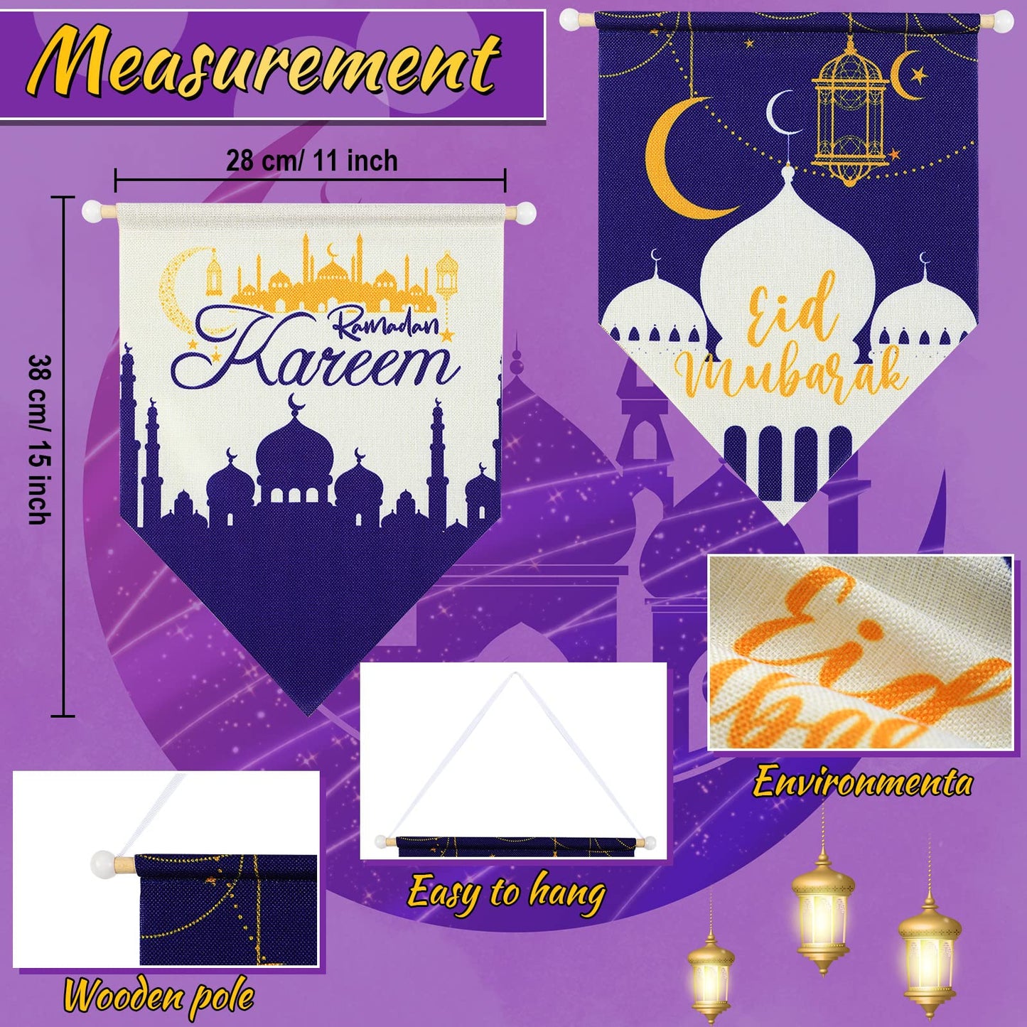 2 Pieces Ramadan Kareem Hanging Canvas Sign Eid Mubarak Hanging Canvas Sign Ramadan hanging sign Eid Mubarak sign for Ramadan Ka
