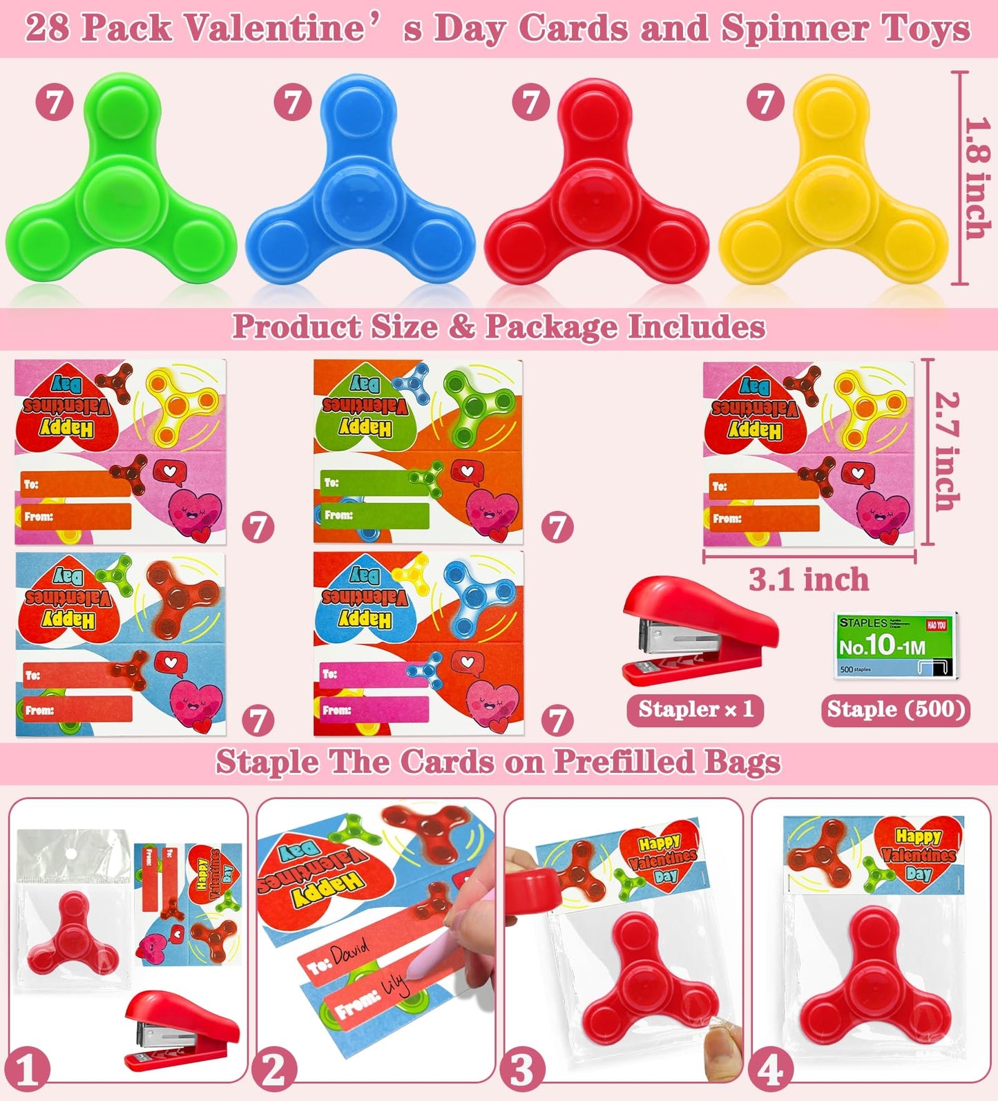 28 Pack Valentines Cards For Kids With Fidget Spinners, Stress Relief Spinners Toys For Valentine Gifts Boys Girls Finger Stress