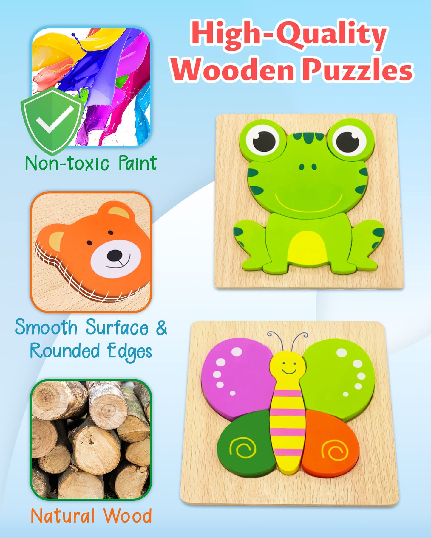Bekayshad Wooden Puzzles Toddler Toys Gifts For 1 2 3 Year Old Boys Girls, 4 Pack Animal Jigsaw Puzzles Montessori Toys, Learnin