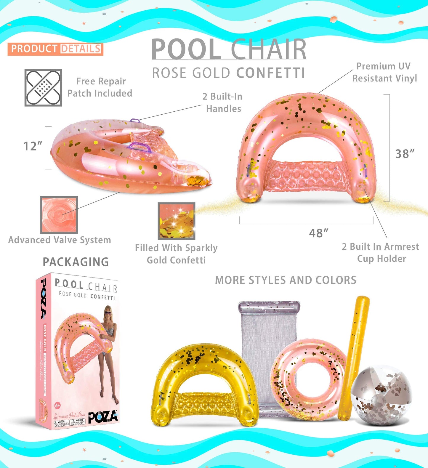 POZA Inflatable Pool Float Chair - Sparkle Confetti Lounge Inflatable Pool Floats  2 Built in Cup Holders & Handles  mature-themed Inflatable Pool Lounger Floating Chair for Beach  Lake & Pool - 48x38 Inch