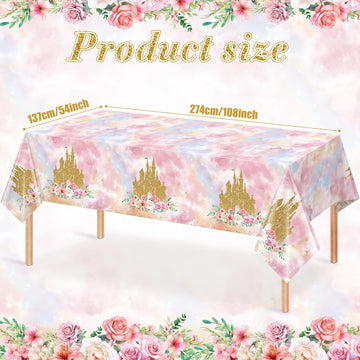 1 Pack Princess Tablecloths Birthday Decorations,Plastic Pink Rose Castle Table Cloth for Parties,Disposable Rectangle Floral Ta